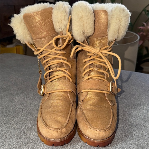 Lauren Ralph Lauren Shoes - Lauren Ralph Lauren Metallic Tan Lace-Up Shearling Boots